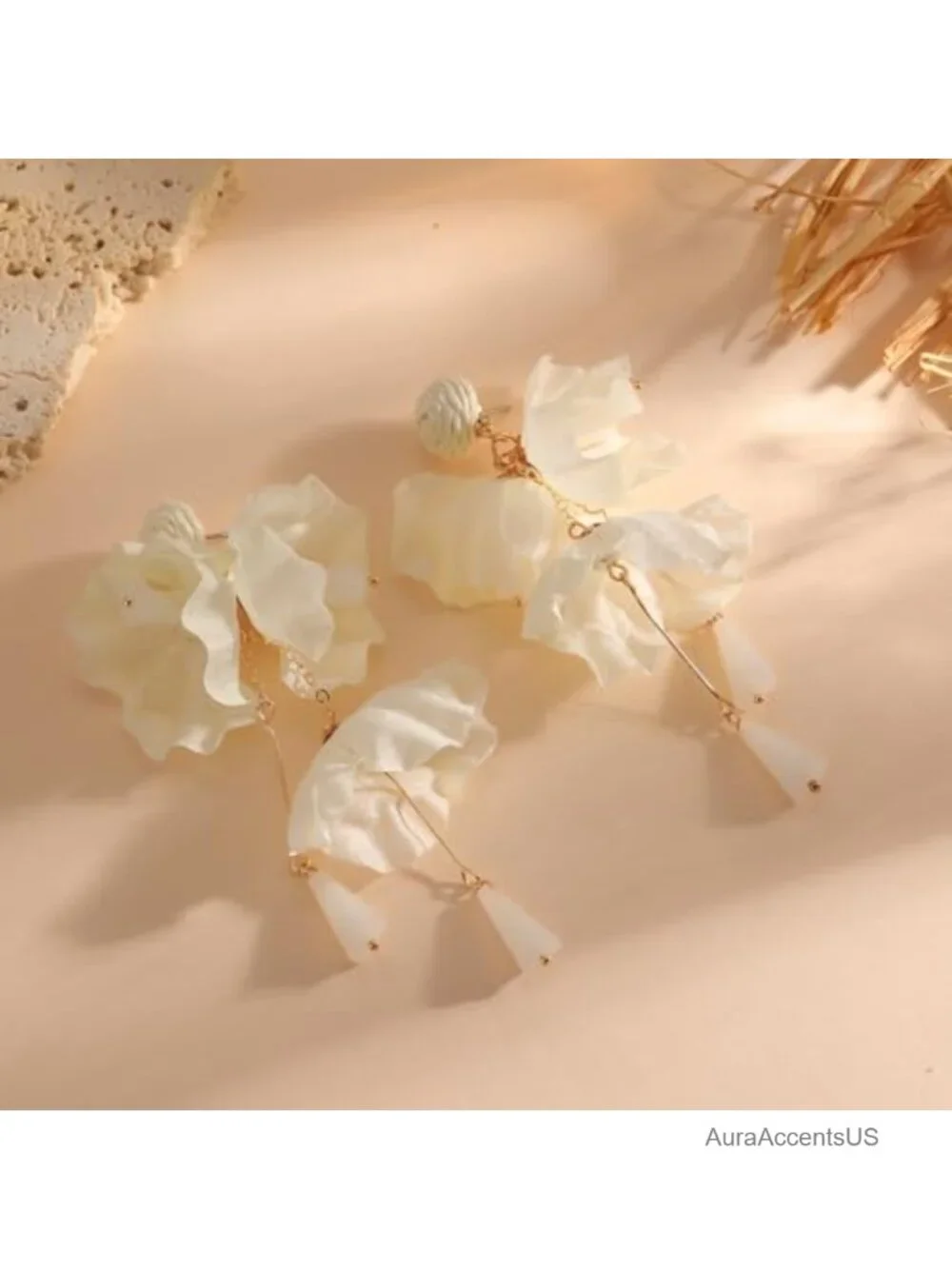 Chiffon Fabric Dangle Tassel Floral Drop Earrings For Women Bohemian Wedding